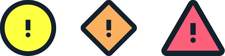 Varningssymbolerna gult i en svart cirkel med ett svart utropstecken, orange i en svart romb med ett utropstecken och rött i en svart triangel med ett utropstecken.
