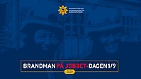 Blåtonat foto på porträtt av två glada brandmän med hjälmar på. I topp logon för "Räddningstjänstens riksorganisation för beredskapsfrågor" och i botten texten Brandman på jobbet-dagen 2020.