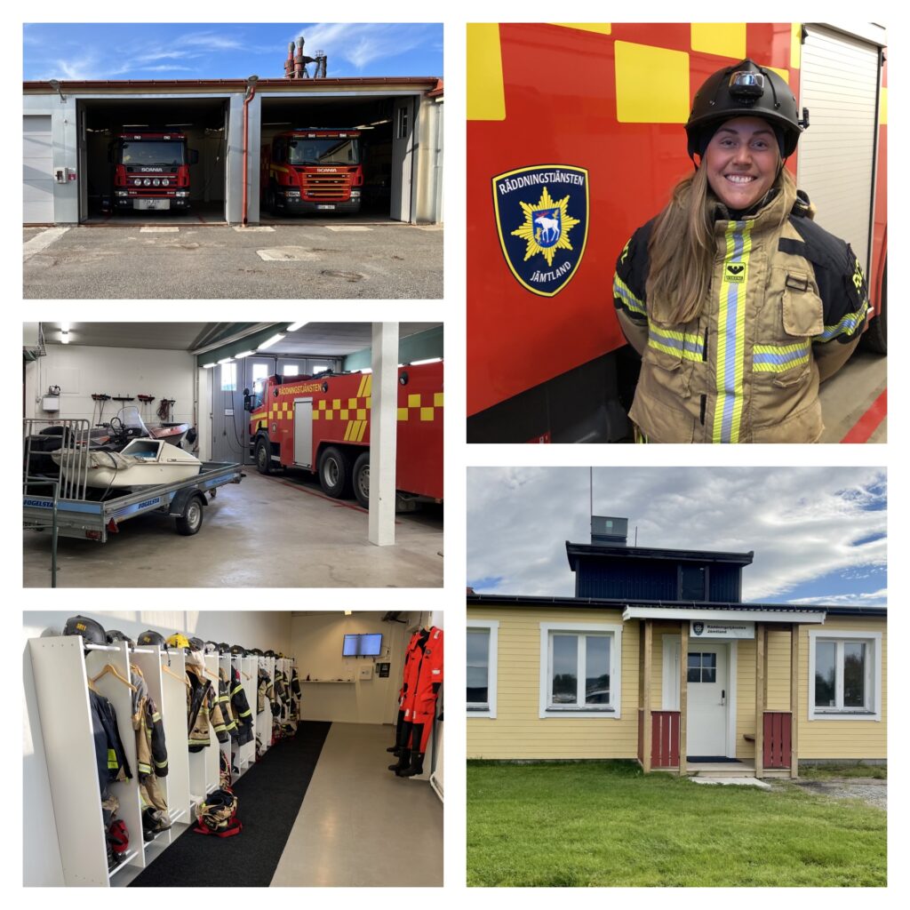 Kollage med fem bilder: Två brandbilar innanför portar, vagnhallen med skotersläp, larmställ i öppna skåp, brandmannen Johanna och entrén till stationen.